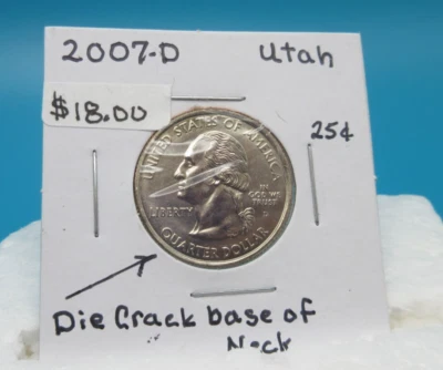 Die Crack on Base of Neck 2007-D UTAH QUARTER 25 Cent Coin - Image 1 of 3