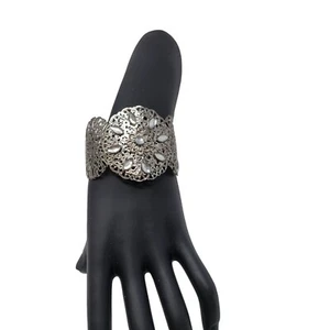 Vintage Fillagree Metal Wide Cuff Bracelet Silver Rhinestone Perforated Scroll - Picture 1 of 9