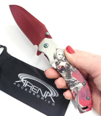 Harley Quinn Comic Henchwoman Pocket Knife Blade Spring Assisted Tip Up EDC Red - Image 1 of 4