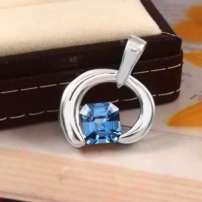 Fantastico Bluastro Acquamarina Taglio Asscher 925Silver Ciondolo Gemma 9x9 MM - Immagine 1 di 4