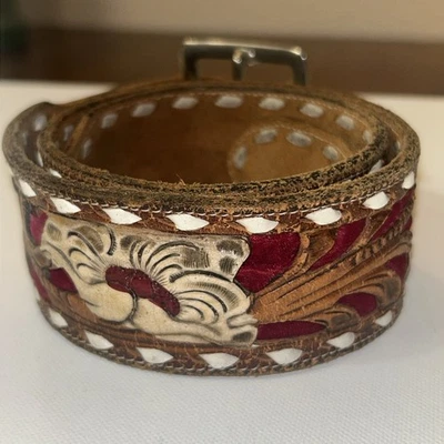 Винтажный западный ремень Tony Lama ручная обработка кожа цветочный бархат инкрустация плюшевый мишка 30 дюймов - Изображение 1 из 4