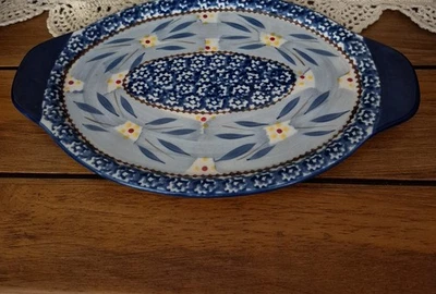 Prato Oval Old World 12" Temp-Tations By Tara Azul Microondas Louça Forno Seguro  - Imagem 1 de 4