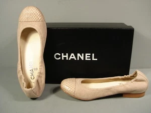 CHANEL 36.5 CLASSIC GATHERED BEIGE CANVAS SNAKE ROUND TOE BALLERINA FLATS CC NEW - Picture 1 of 12