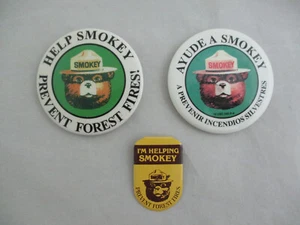 Trío de colección de ayuda a Smokey ¡prevenir incendios forestales! Pinbacks ~ 1 en español - Imagen 1 de 2
