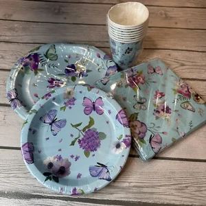Blue Floral Butterfly Party Plate Set Napkins & Cups 8 Of Each NEW SEALED - Picture 1 of 15