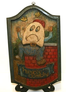 Vintage Humpty Dumpty Hand Carved Painted Folk Art Wood Relief Sign Plaque - Picture 1 of 6