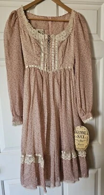 Vtg NWT 70s Gunne Sax Pink Floral Coquette Calico Lace Up Prairie Dress Sz 5 - Image 1 of 4