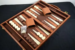 Leatherette Soft Side 20 x 15 Inch Backgammon w/Brown & Ivory Checkers - Picture 1 of 22