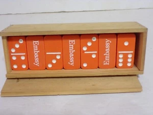 Rare Embassy Double Six Orange Dominoes 28 Pc Set in Wooden Box Very Nice Cond. - Picture 1 of 3