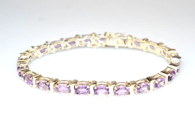 全新纯银 7.36 克拉 OVAL AMETHYST 网球链手链 7 英寸长 — 第 1/4 张图片