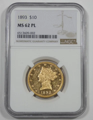 1893 GOLD Liberty Head Eagle $10 NGC MS 62 Proof-Like Cover
