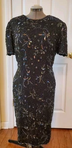 Vestido vintage de lentejuelas con cuentas negras 100 % seda AP LTD para mujer talla 1X - Imagen 1 de 12