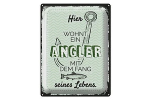 Blechschild Spruch 30x40 cm Hier wohnt ein Angler mit dem Fang seines Lebens - Picture 1 of 4