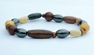Wood & Magnetic Round Bead Hematite Bracelet Pain Relief Therapy Arthritis - Picture 1 of 1