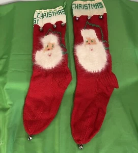 Vintage 1951 (2) Santa Christmas Tree Stockings w/Jingle Bells, Hand Knitted - Picture 1 of 14