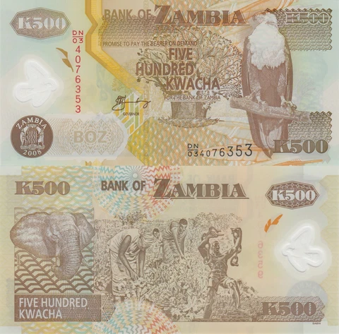 Zambia 500 Kwacha (2008) - Polymer/Eagle/Elephant/p43f UNC Cover