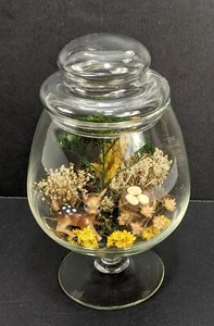 Vtg Mod TERRARIUM Pedestal Jar Faux Dried Flowers DEER Birds NEST Eggs Diorama - Picture 1 of 12
