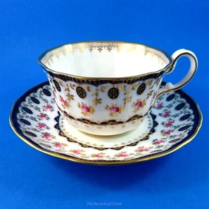 Rare Hand Painted Rose and Cobalt Border Wedgwood Tea Cup and Saucer Set - Picture 1 of 5