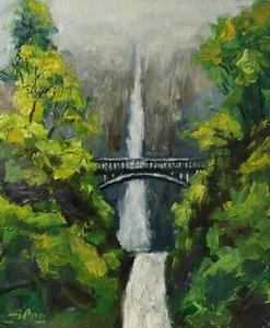 Multnomah Fall Oil Painting Oregon Landscape Impressionistic Wall Art 12x10 in - Picture 1 of 8