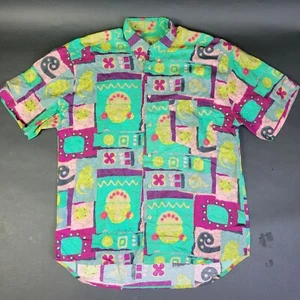 Vintage 80's Retro Abstract Art Button Up Shirt Bright Color Sz Medium Love - Picture 1 of 9
