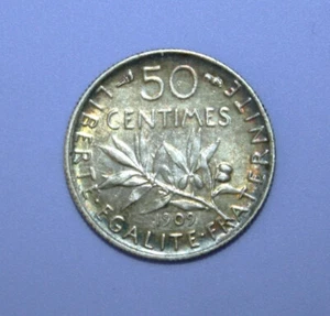 S6 - France 50 Centimes 1909 Almost Unc. / Unc. Silver Coin - Walking Liberty - Picture 1 of 2