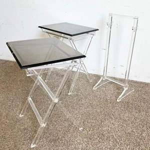 Mid Century Modern Clear and Smoked Lucite Gold Up Tray Table Set - 3 Pieces - Picture 1 of 10