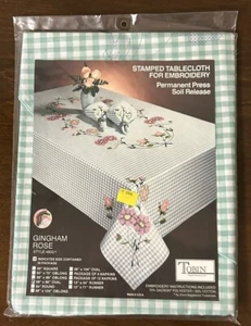 NOS Tobin Stamped Tablecloth Embroidery Gingham Rose Green Plaid Oval 58”x86” - Picture 1 of 3