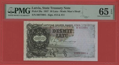 LATVIA  10  LATU  1937  PICK # 29a  PMG 65  GEM  UNCIRCULATED EPQ. - Image 1 of 2
