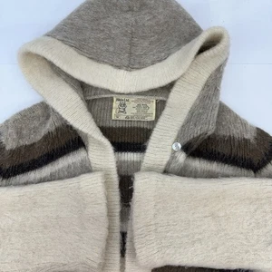 Vintage 70s Icelandic Wool Striped Hooded Coat Fuzzy Cream Brown Belted Cardigan M - Bild 1 von 18