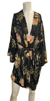Винтажный California династии черный цветочный чистый кимоно халат L подпоясанный богемное гламур - Изображение 1 из 4