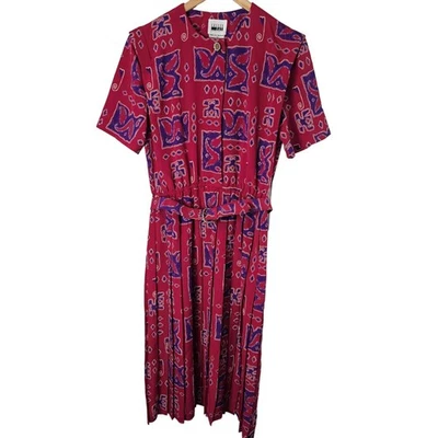 Vintage Leslie Fay Dress Size 10 Pink Purple 80s Pleated Midi Belted Preppy - Image 1 of 4