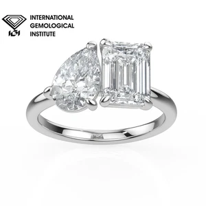 IGI Certified Pear & Emerald Cut Lab Grown Diamonds Toi-Et-Moi Engagement Ring - Picture 1 of 22