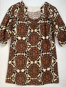 VINTAGE 1960 1970s Mini Dress Size Small Short Mod Brown Barkcloth TURTLE Print - Picture 1 of 12