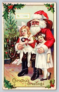 1911 Cartolina Albero di Natale Babbo Natale Nichel Bambino Due Bambine Fiocchi Baby Doll - Foto 1 di 2