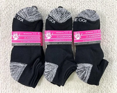 On The Go 6 Pairs No Show Cushion Socks Cotton Blend Black Womens Size 4-10 New - Image 1 of 4