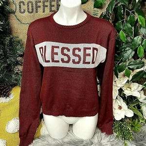 Modern Lux Sweater Womens Large Blessed Spellout Stripe Red Long Sleeve Church - Picture 1 of 12