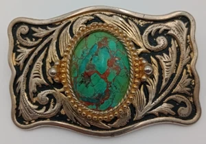 Vintage Turquoise Cabochon Stone Belt Buckle Ornate Western Filigree - Picture 1 of 6