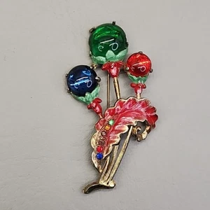Vintage Flower Brooch Glass Cabochons Jewel Tones Red Enamel Leaf 3 1/8" - Picture 1 of 10