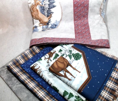 Lote de tela vintage de ciervos de más de 4 yardas impresiones VIP Cranston azul marrón a cuadros invierno Foto 1 de 4