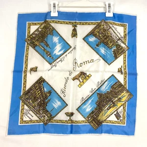 Rome Souvenir Small Square Scarf Bandana Blue Beige White Ricordo di Roma Italy - Picture 1 of 10