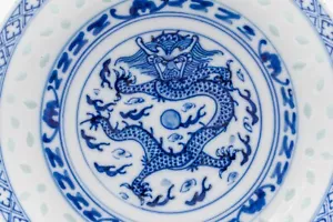 Vintage Chinese Porcelain Dragon Saucer Blue White Rice Pattern 20th Century - Picture 1 of 8
