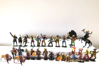 Merten Zinn ca 4,5cm Figur Cowboy + Indianer Pferd Büffel Reiter Waffen - Set N7 - Bild 1 von 4