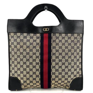 Vintage Gucci Sherry Line Hand Bag GG PVC Leather Navy Authentic - Picture 1 of 24