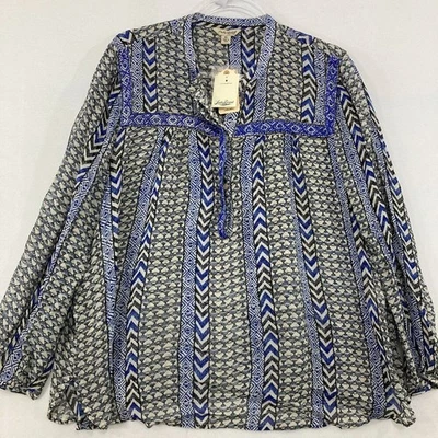 New Lucky Brand size XL Blue Cream Geometric Boho Print Popover Top Preppy - Image 1 of 4
