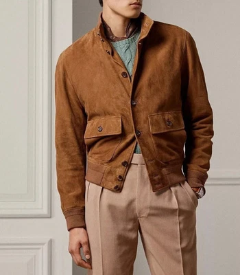 Men’s Classic Suede Jacket Tan Brown Pure Suede Leather Lambskin Biker Jacket - Image 1 of 4