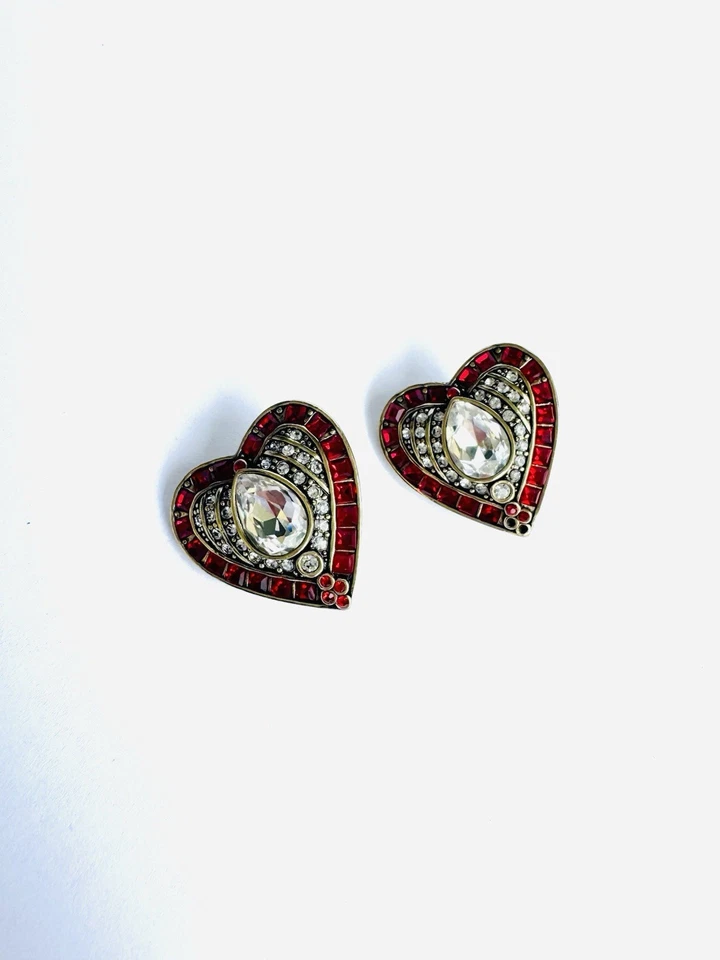 Heidi Daus Unique Red Rhinestone Heart Earrings. - Image 1 of 4
