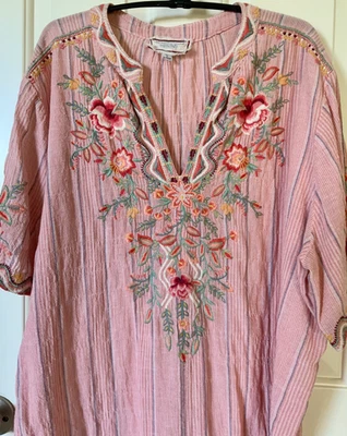 Johnny Was Workshop Floral Embroidered Striped Linen Dress S/Slv sz L - Image 1 of 4