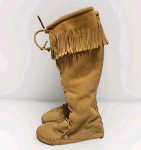 MINNETONKA Brown Genuine Suede Knee High Lace Up Moccasins Boots Sz 7 CLASSIC - Picture 1 of 16
