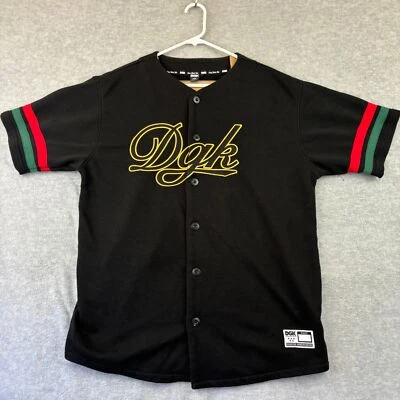 DGK 黑色棒球抓绒球衣大号纽扣红色和绿色条纹袖子 — 第 1/4 张图片