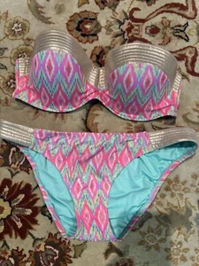 Shade & Shore Coral Multicolor Bikini Swimsuit Top 38C Bottom Large - Picture 1 of 7
